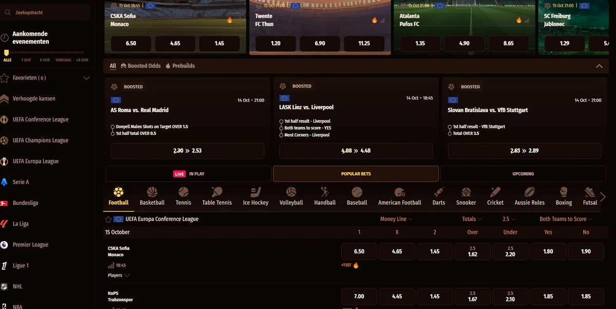 WestAce Casino sportweddenschappen met voetbalwedstrijden, verhoogde quoteringen, live odds en competities zoals de Champions League, Europa League en Premier League